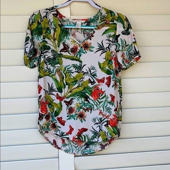 H&M Hawaiian Tropical Top Floral Blouse Short Sleeve Sheer White Vacation Sz 2 - Picture 1 of 5